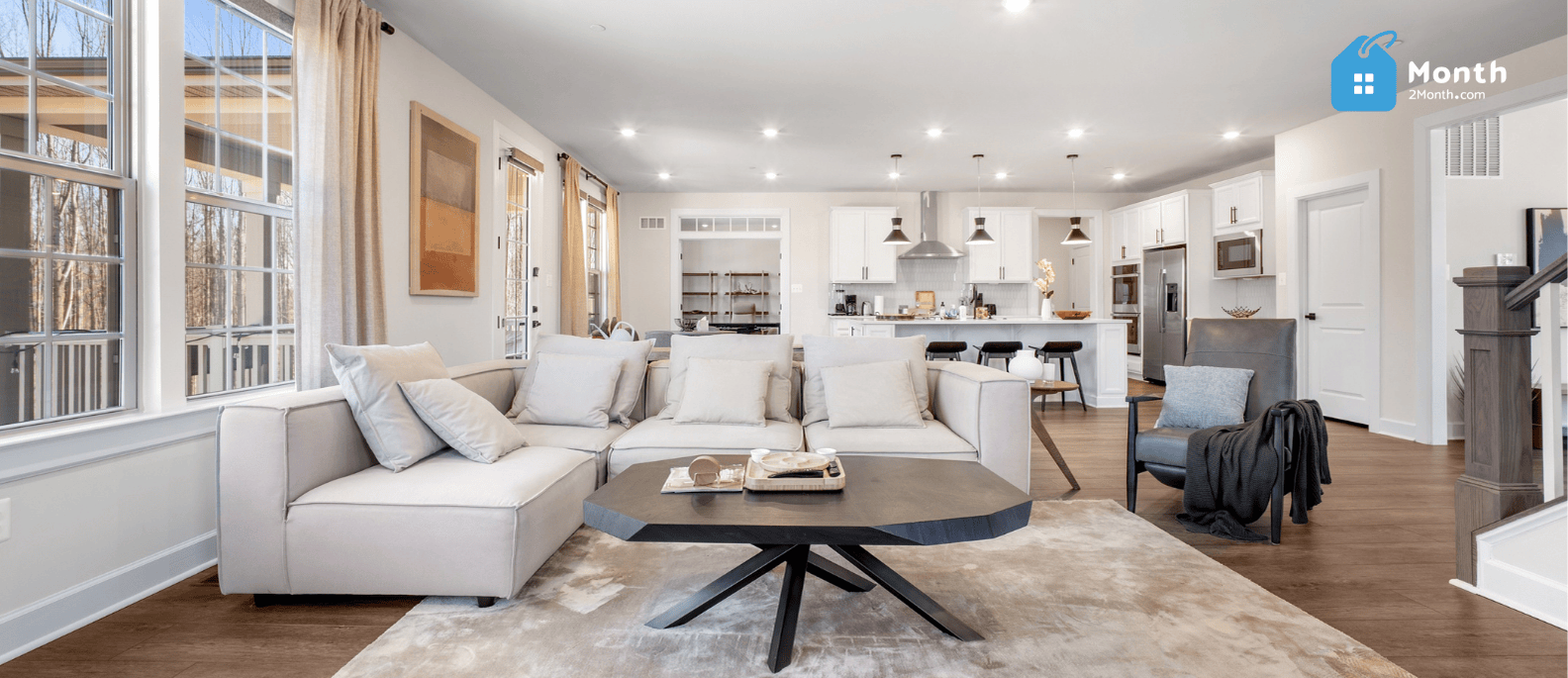 Fully furnished single-family home by Month2Month featuring spacious living areas, modern decor, and family-ready amenities for flexible monthly rentals.