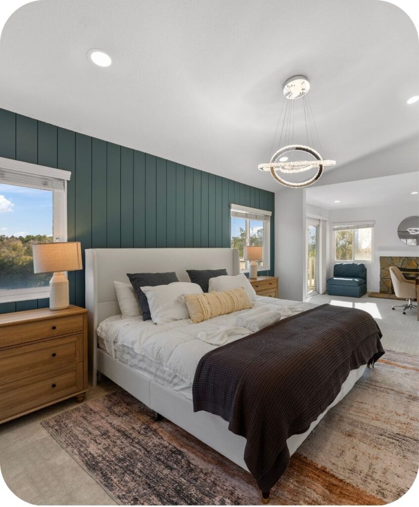 A beautifully decorated bedroom in a mid-term rental, featuring stylish furnishings, warm textures, and a thoughtfully designed layout.