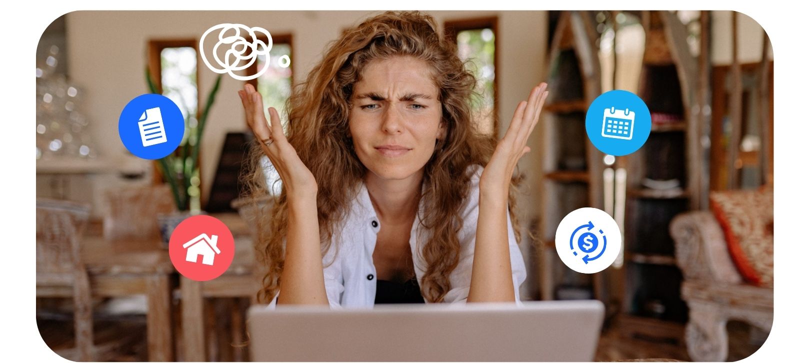 A woman looking frustrated at her laptop, surrounded by icons for housing, pricing, calendars, and lease terms.
