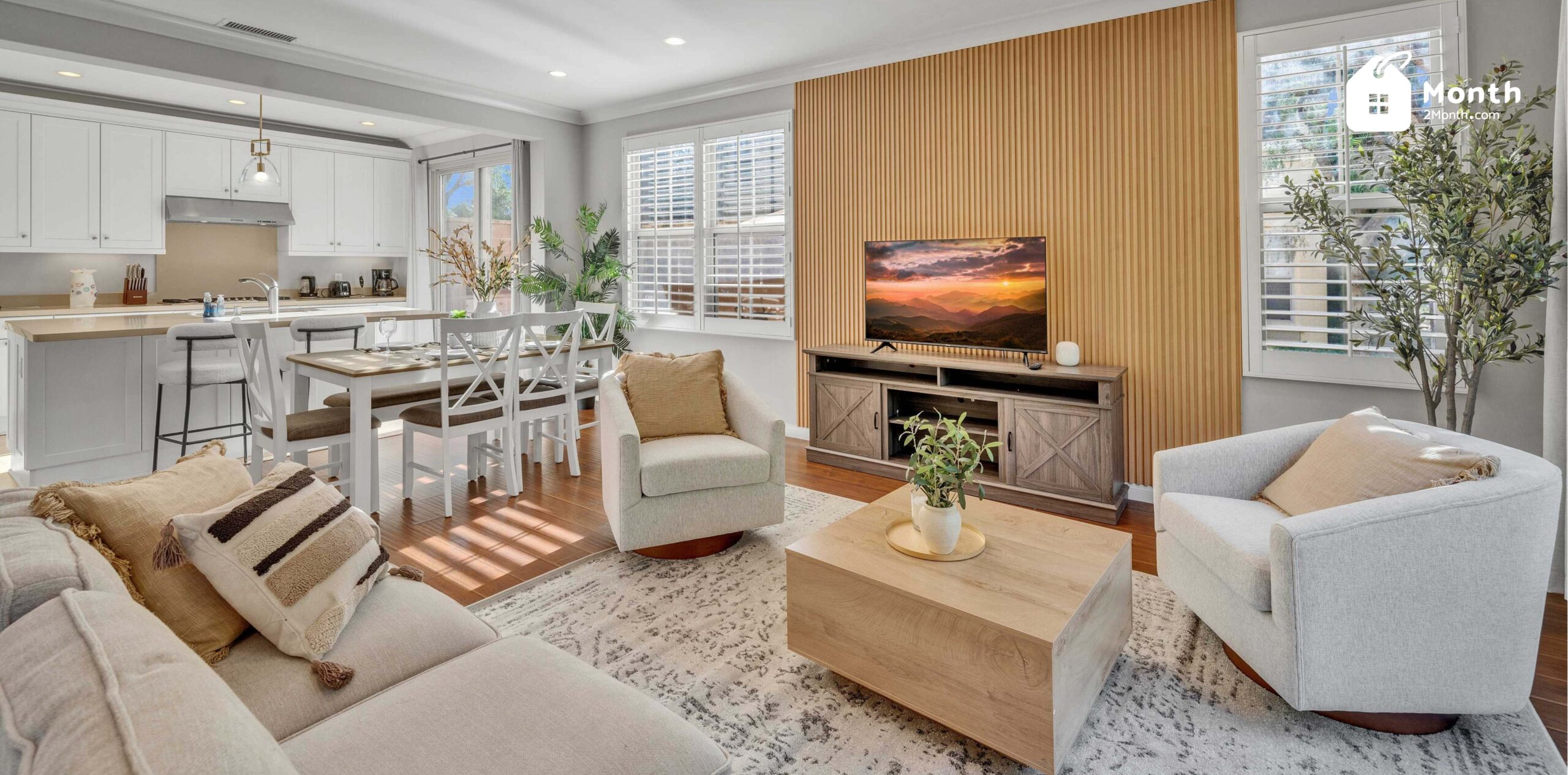 Fully furnished single-family home by Month2Month featuring spacious living areas, modern decor, and family-ready amenities for flexible monthly rentals.